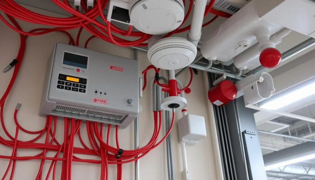 Sistema completo de alarme de incêndio com cabeamento vermelho instalado Sistema completo de alarme de incêndio com cabeamento vermelho instalado