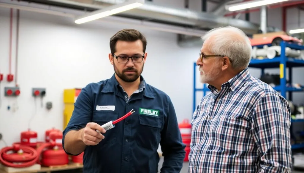 Técnico explicando as características do cabo alarme de incêndio 4 vias Técnico explicando as características do cabo alarme de incêndio 4 vias