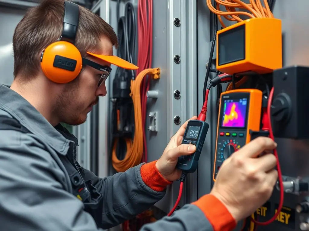 Técnico realizando manutenção preventiva em cabos elétricos com equipamento de diagnóstico Técnico realizando manutenção preventiva em cabos elétricos com equipamento de diagnóstico